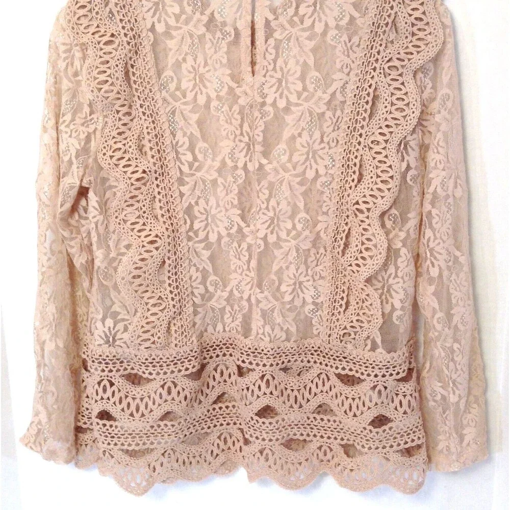 Crochet Lace Embroidered Top Wn S Beige Long Sleeve Blouse Sheer Fairy Boho Y2K